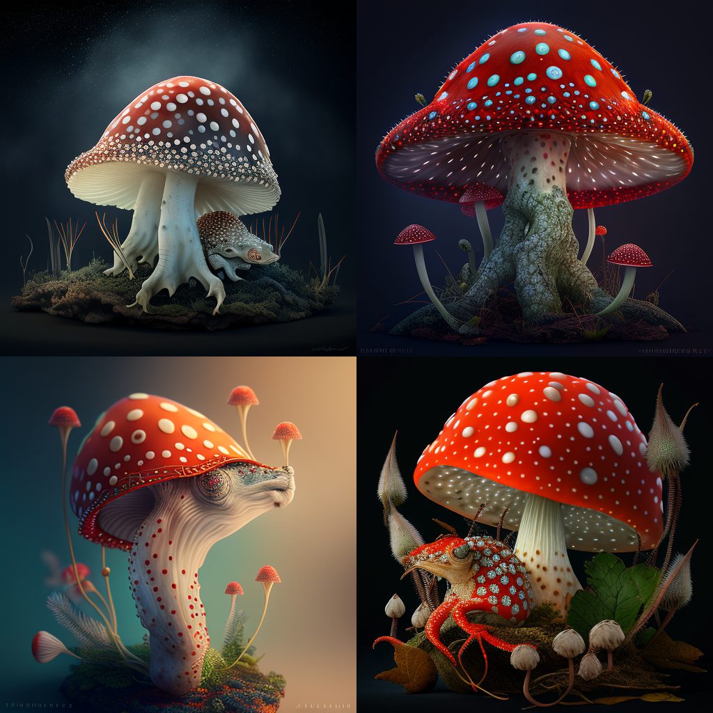 Illustration: mushrooms in a dark laboratory