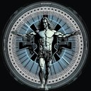Biohacking LAB logo: Vitruvian man in a gate wheel