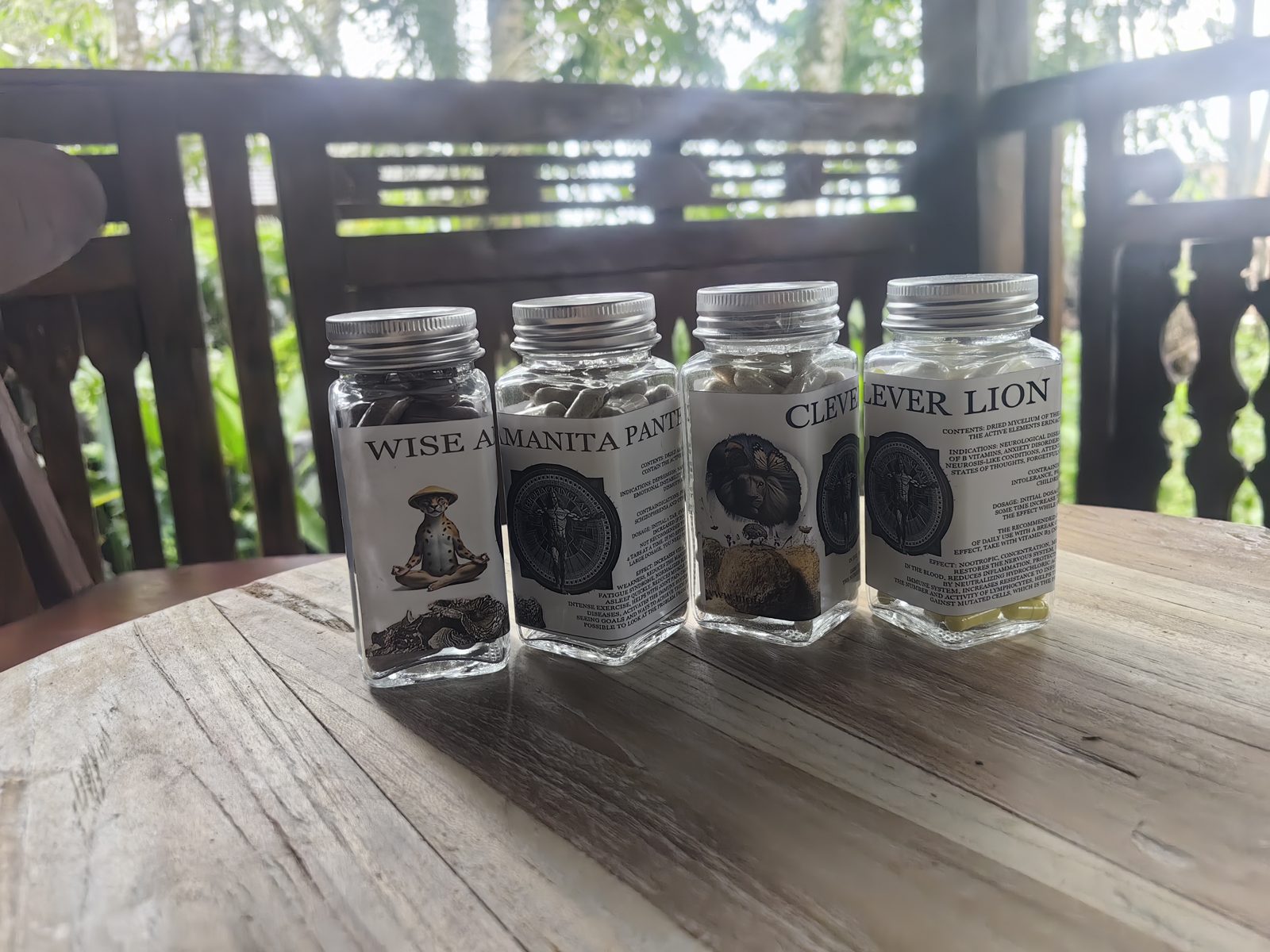 Row of jars with mushroom capsules, own photo